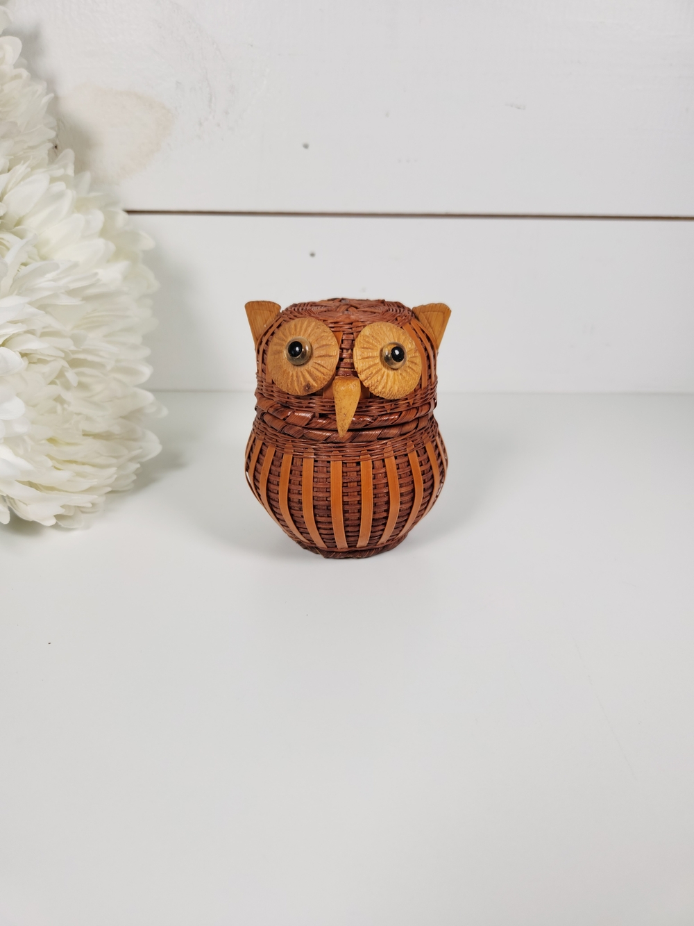 Vintage Wicker Owl Lidded Basket | Mid Century Owl Trinket Box